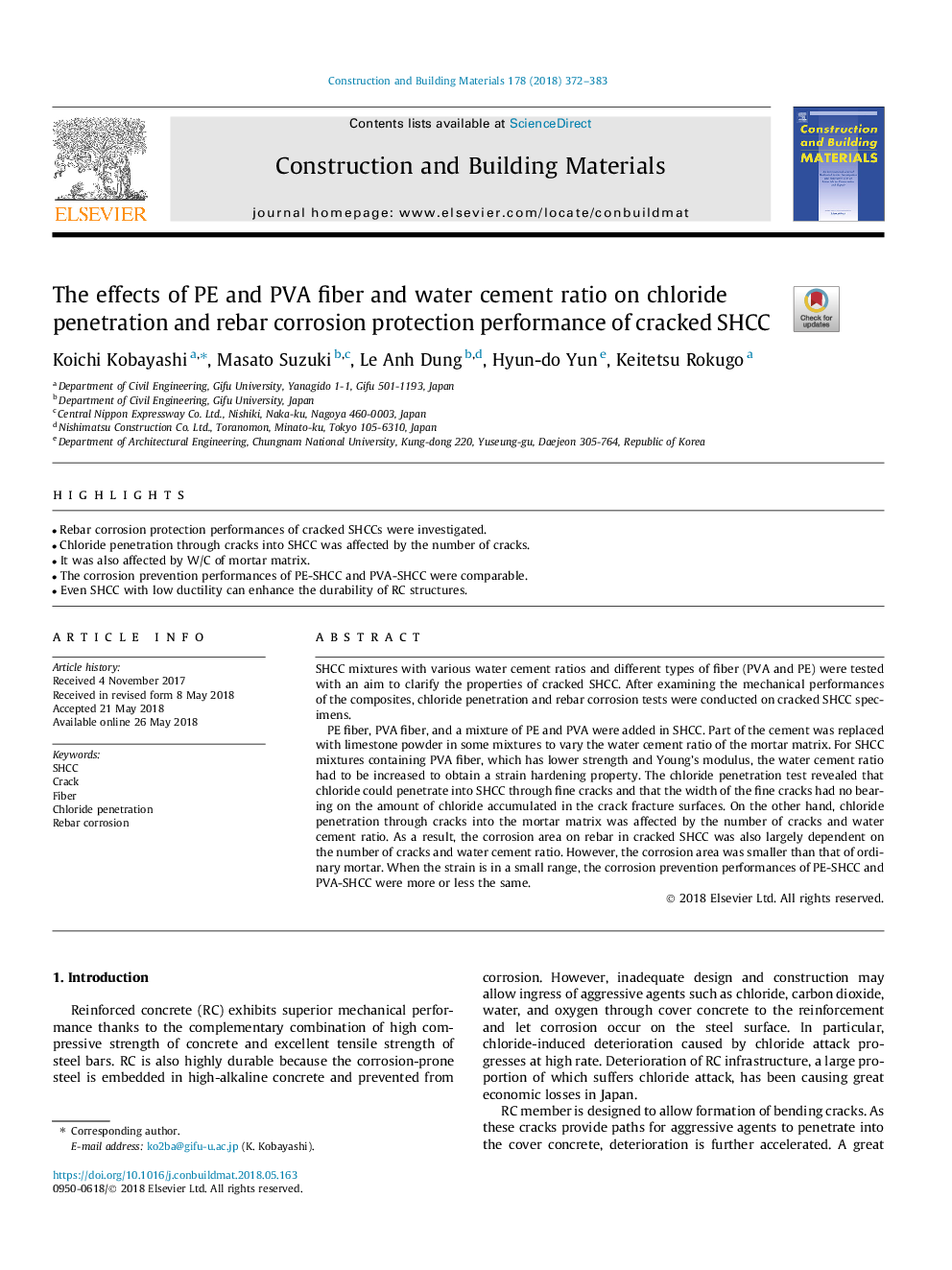 The effects of PE and PVA fiber and water cement ratio on chloride penetration and rebar corrosion protection performance of cracked SHCC