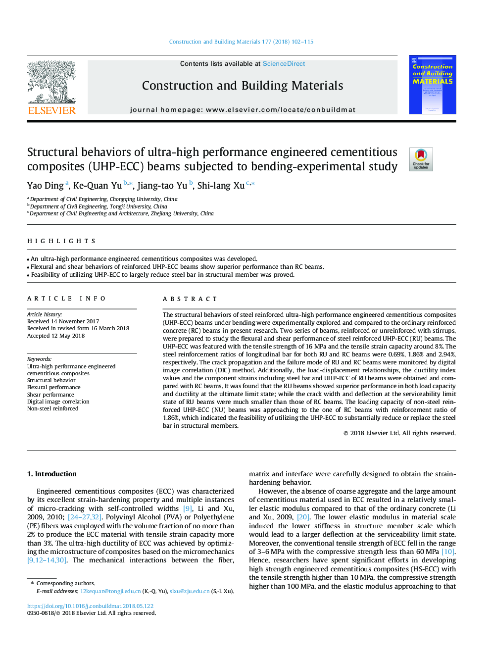 Structural behaviors of ultra-high performance engineered cementitious composites (UHP-ECC) beams subjected to bending-experimental study
