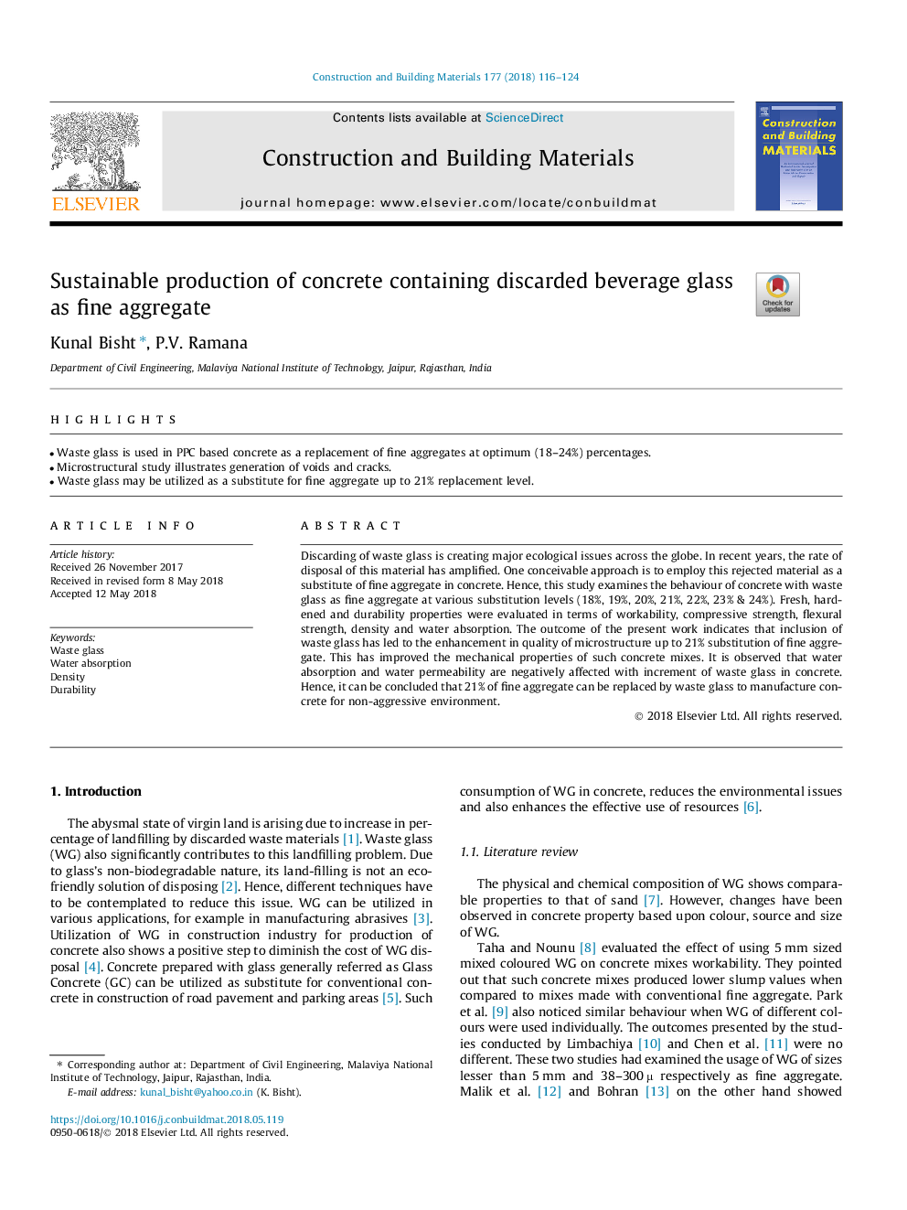 Sustainable production of concrete containing discarded beverage glass as fine aggregate