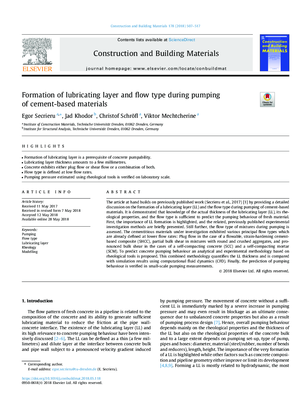 Formation of lubricating layer and flow type during pumping of cement-based materials