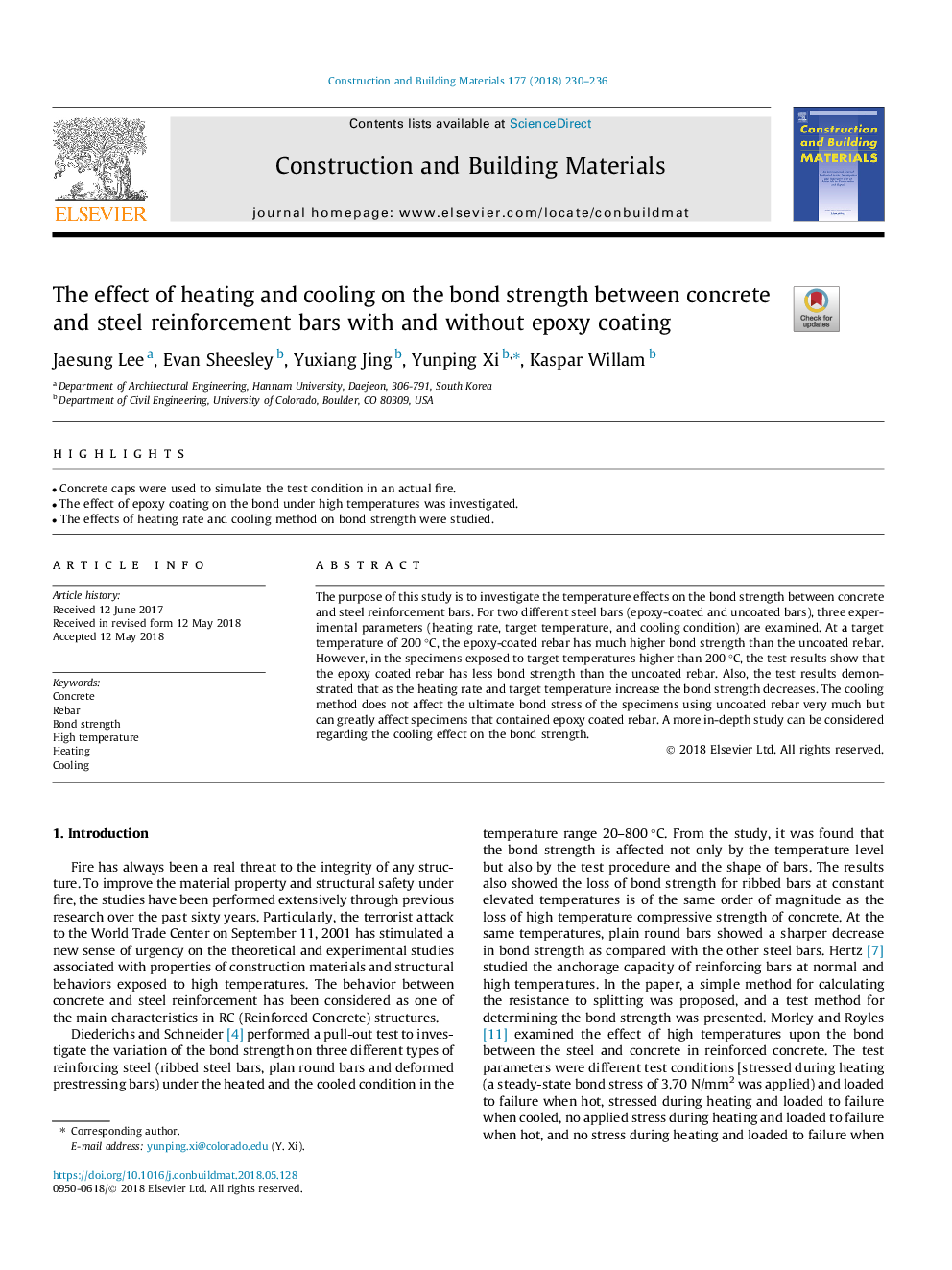 The effect of heating and cooling on the bond strength between concrete and steel reinforcement bars with and without epoxy coating