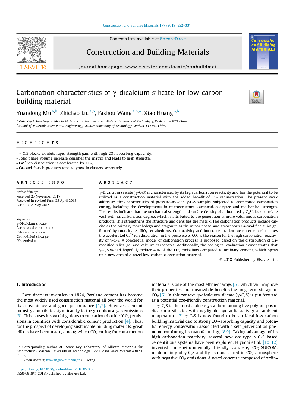 Carbonation characteristics of Î³-dicalcium silicate for low-carbon building material