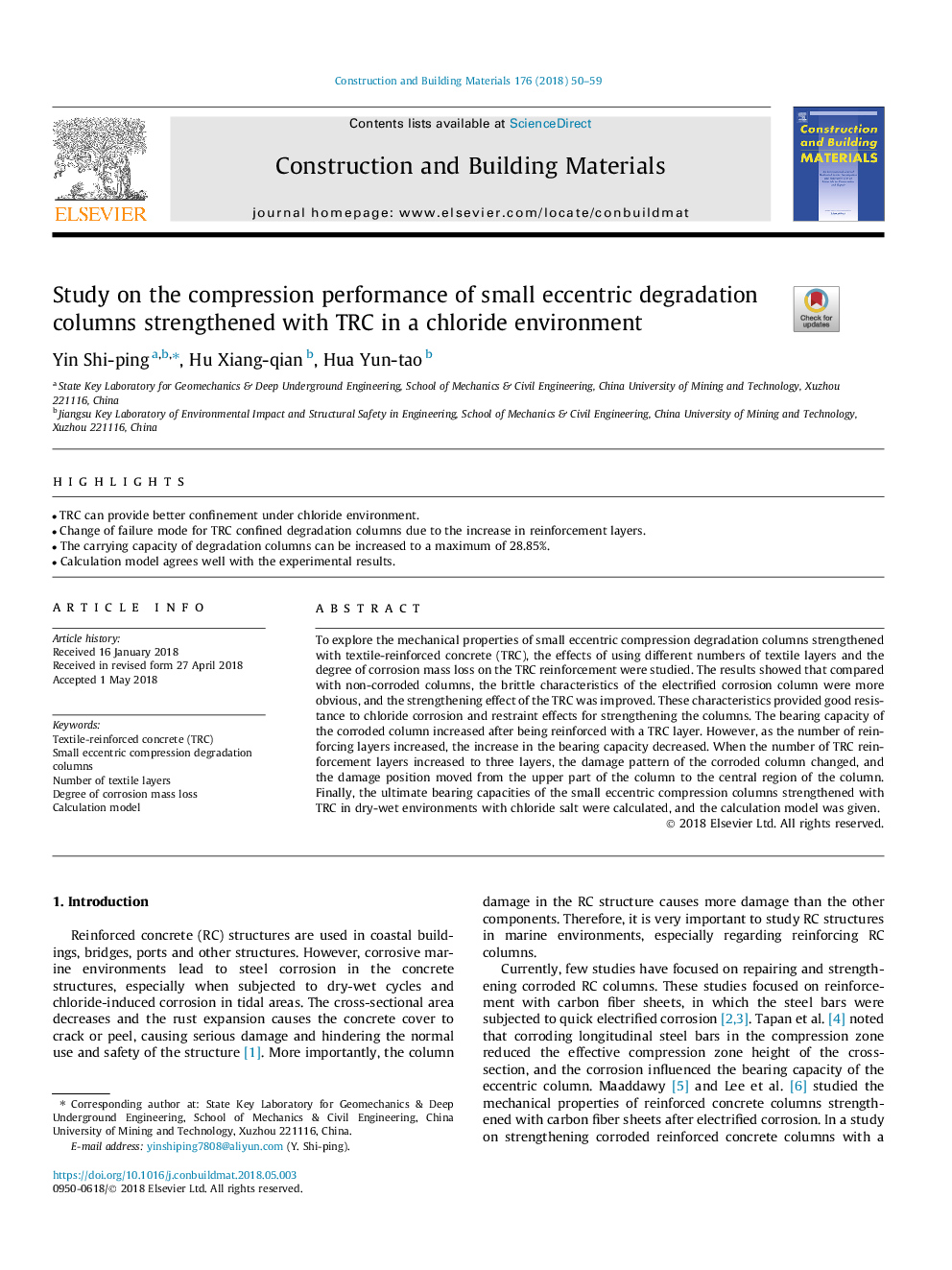 Study on the compression performance of small eccentric degradation columns strengthened with TRC in a chloride environment