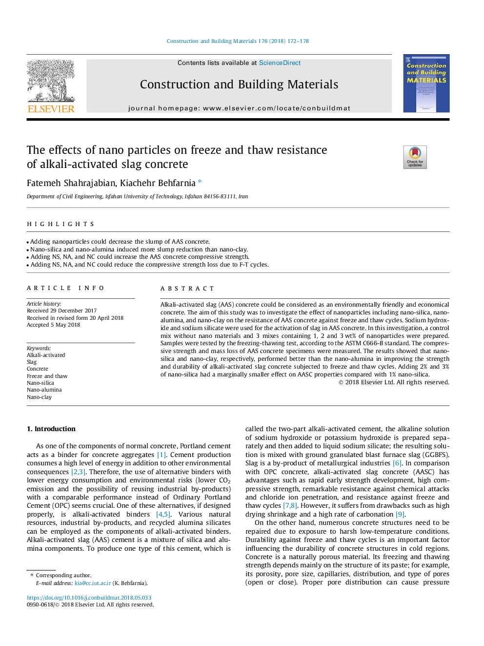 The effects of nano particles on freeze and thaw resistance of alkali-activated slag concrete