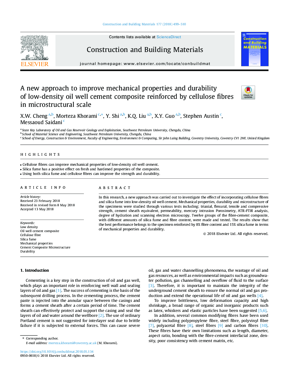 A new approach to improve mechanical properties and durability of low-density oil well cement composite reinforced by cellulose fibres in microstructural scale