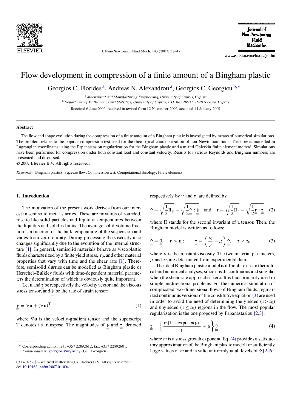 Flow development in compression of a finite amount of a Bingham plastic