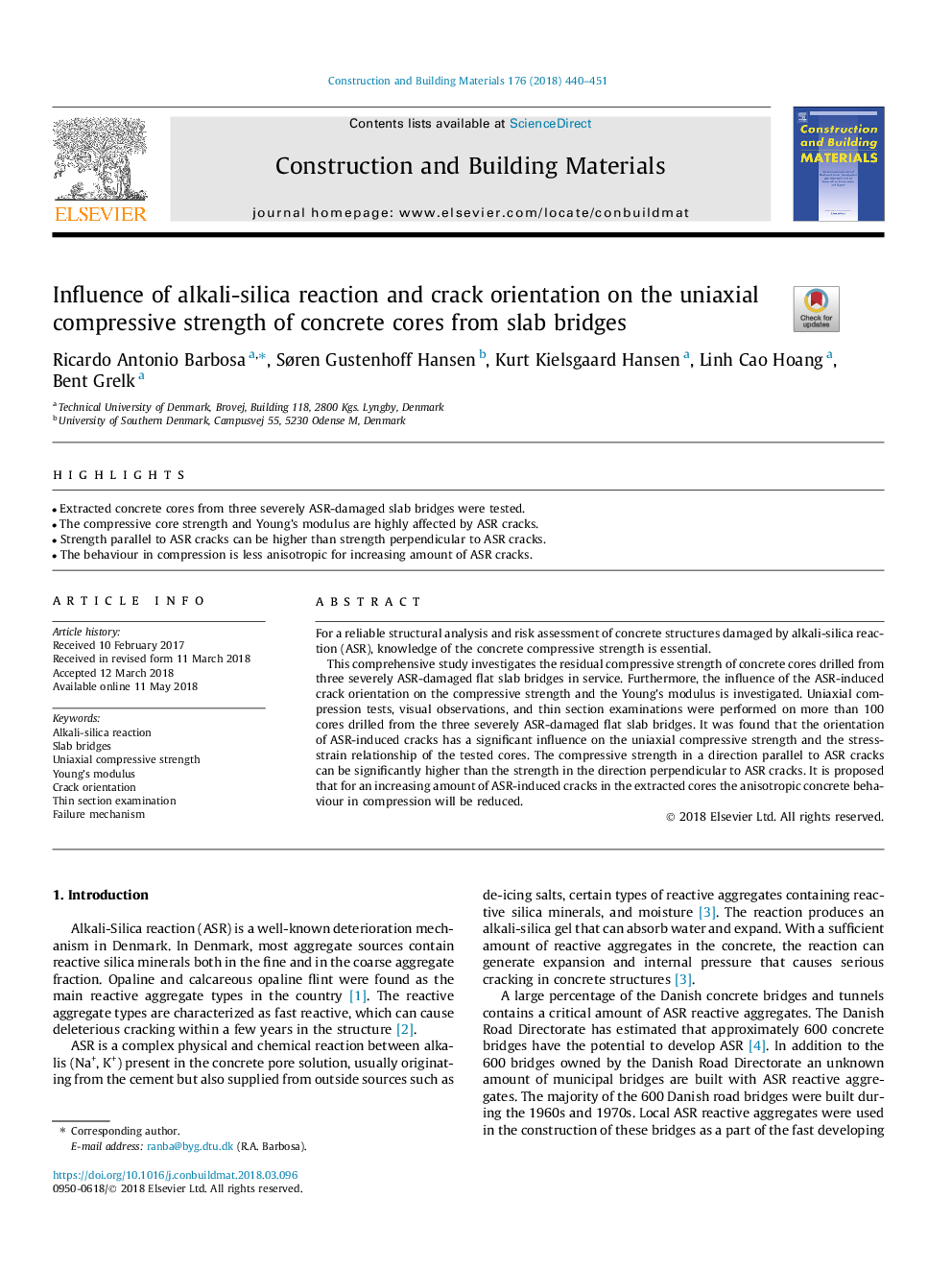 Influence of alkali-silica reaction and crack orientation on the uniaxial compressive strength of concrete cores from slab bridges