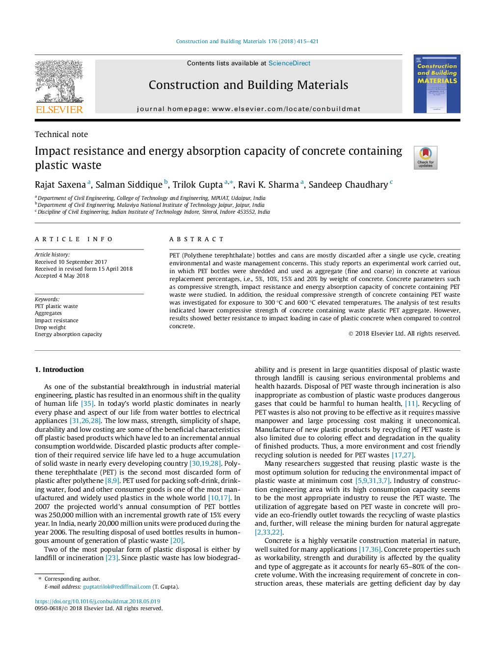 Impact resistance and energy absorption capacity of concrete containing plastic waste