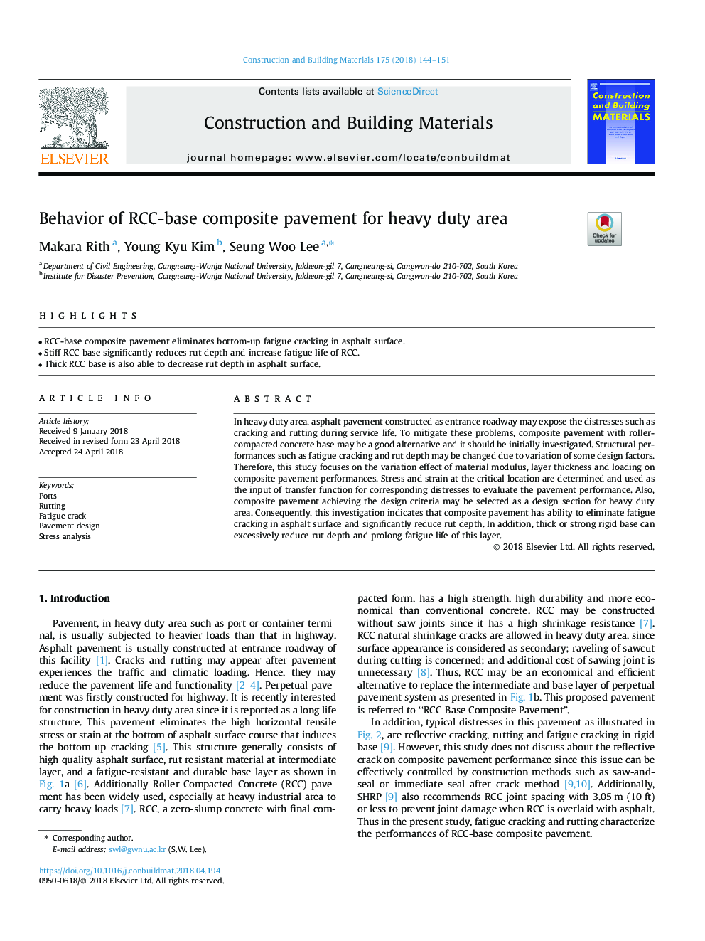 Behavior of RCC-base composite pavement for heavy duty area