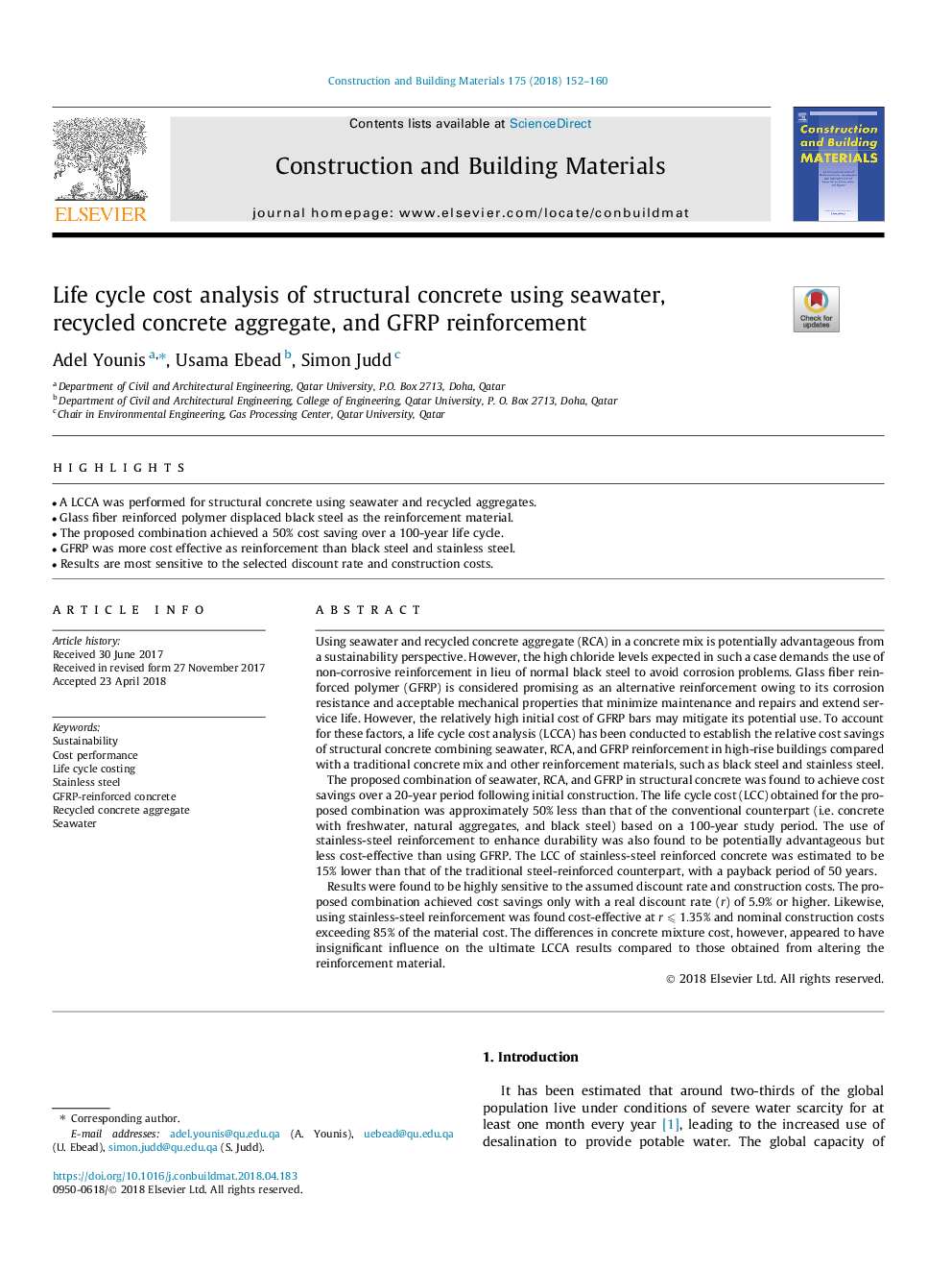 Life cycle cost analysis of structural concrete using seawater, recycled concrete aggregate, and GFRP reinforcement