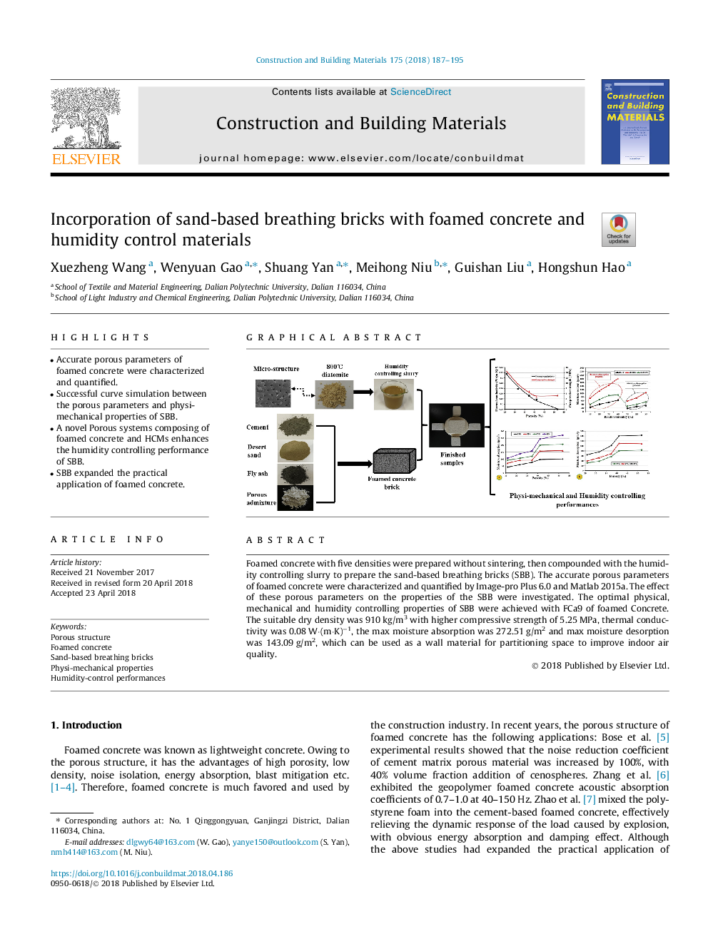 Incorporation of sand-based breathing bricks with foamed concrete and humidity control materials