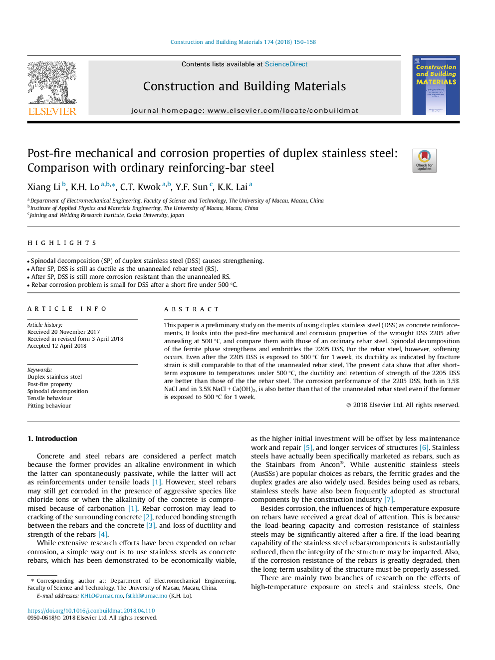 Post-fire mechanical and corrosion properties of duplex stainless steel: Comparison with ordinary reinforcing-bar steel