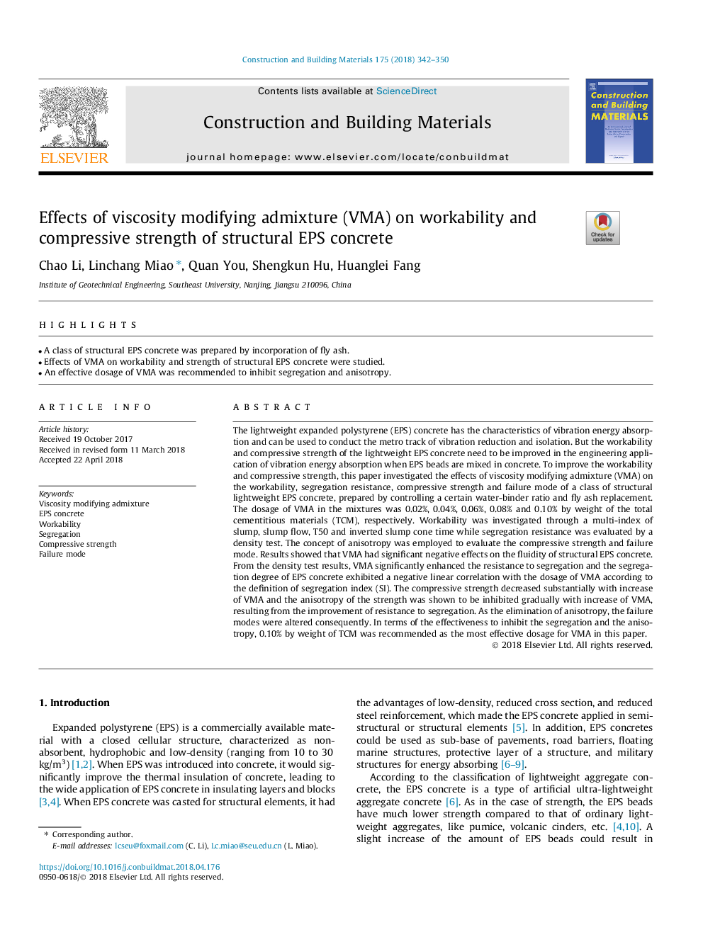 Effects of viscosity modifying admixture (VMA) on workability and compressive strength of structural EPS concrete