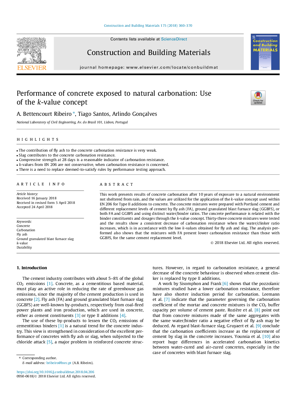 Performance of concrete exposed to natural carbonation: Use of the k-value concept