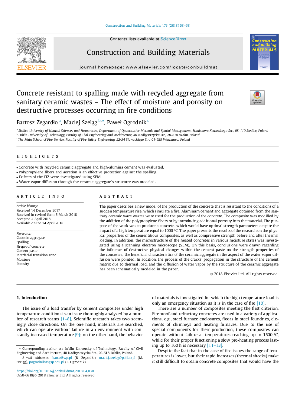 Concrete resistant to spalling made with recycled aggregate from sanitary ceramic wastes - The effect of moisture and porosity on destructive processes occurring in fire conditions