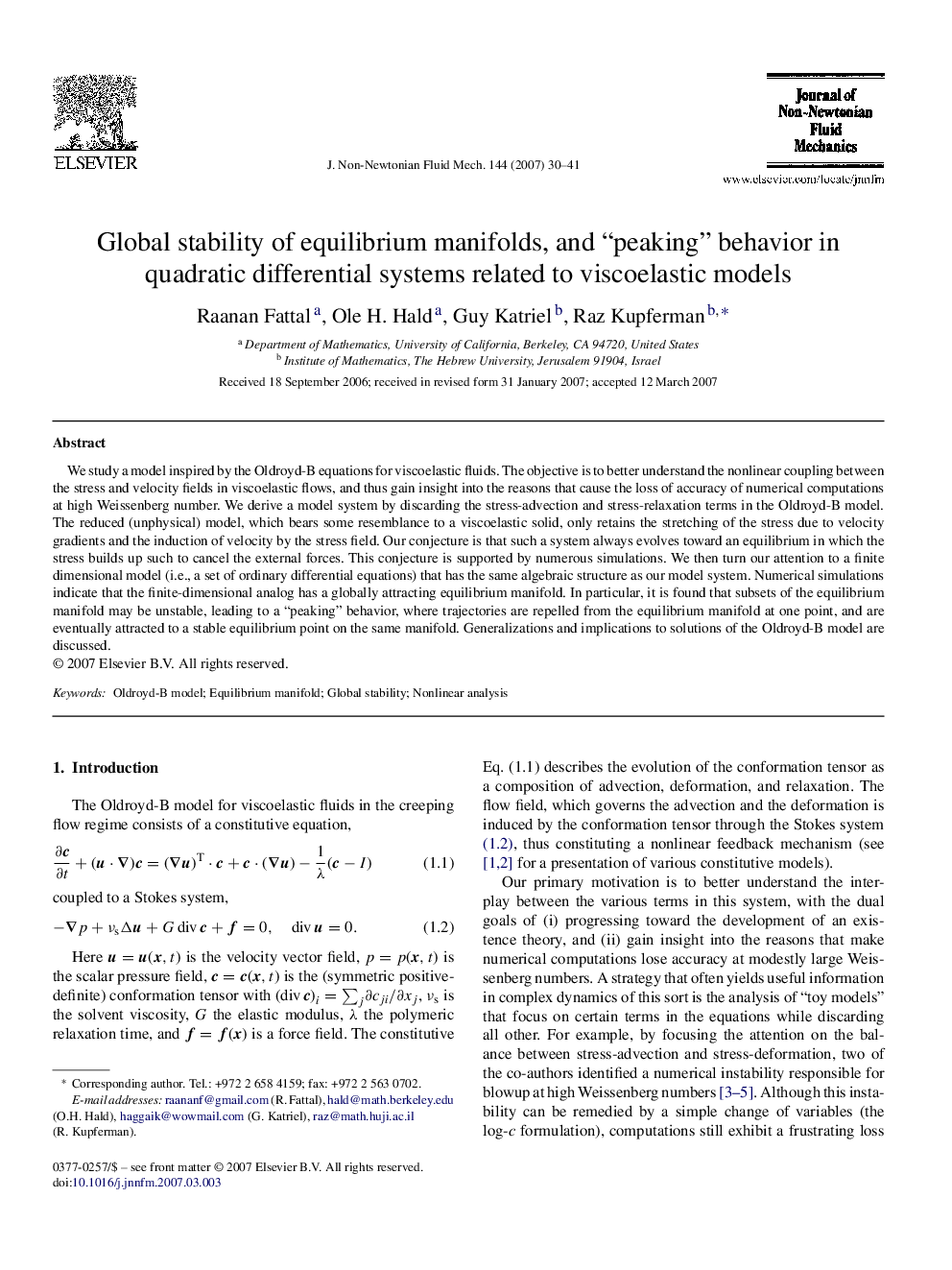 Global stability of equilibrium manifolds, and “peaking” behavior in quadratic differential systems related to viscoelastic models