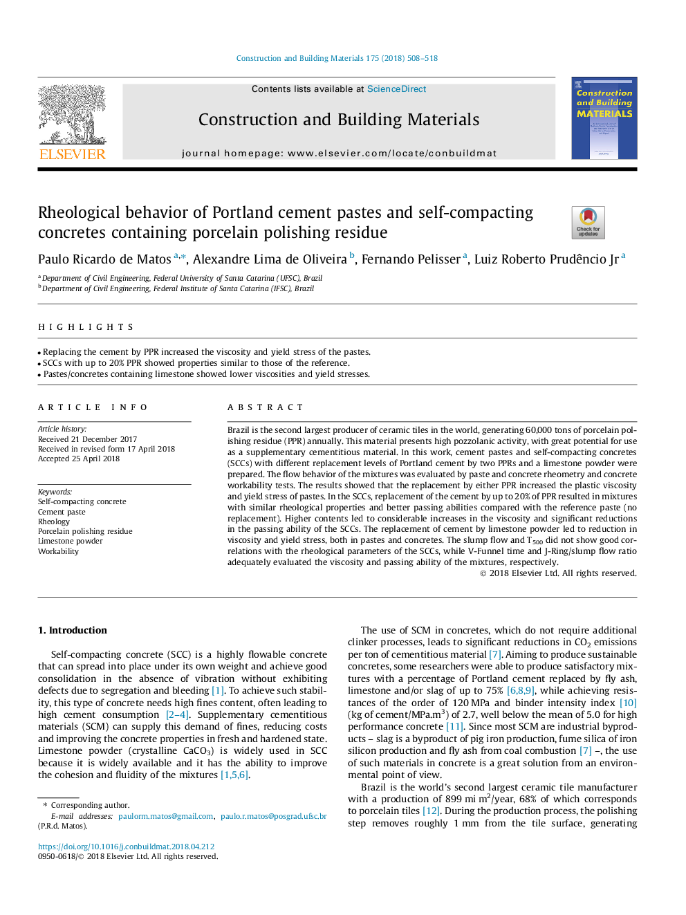 Rheological behavior of Portland cement pastes and self-compacting concretes containing porcelain polishing residue