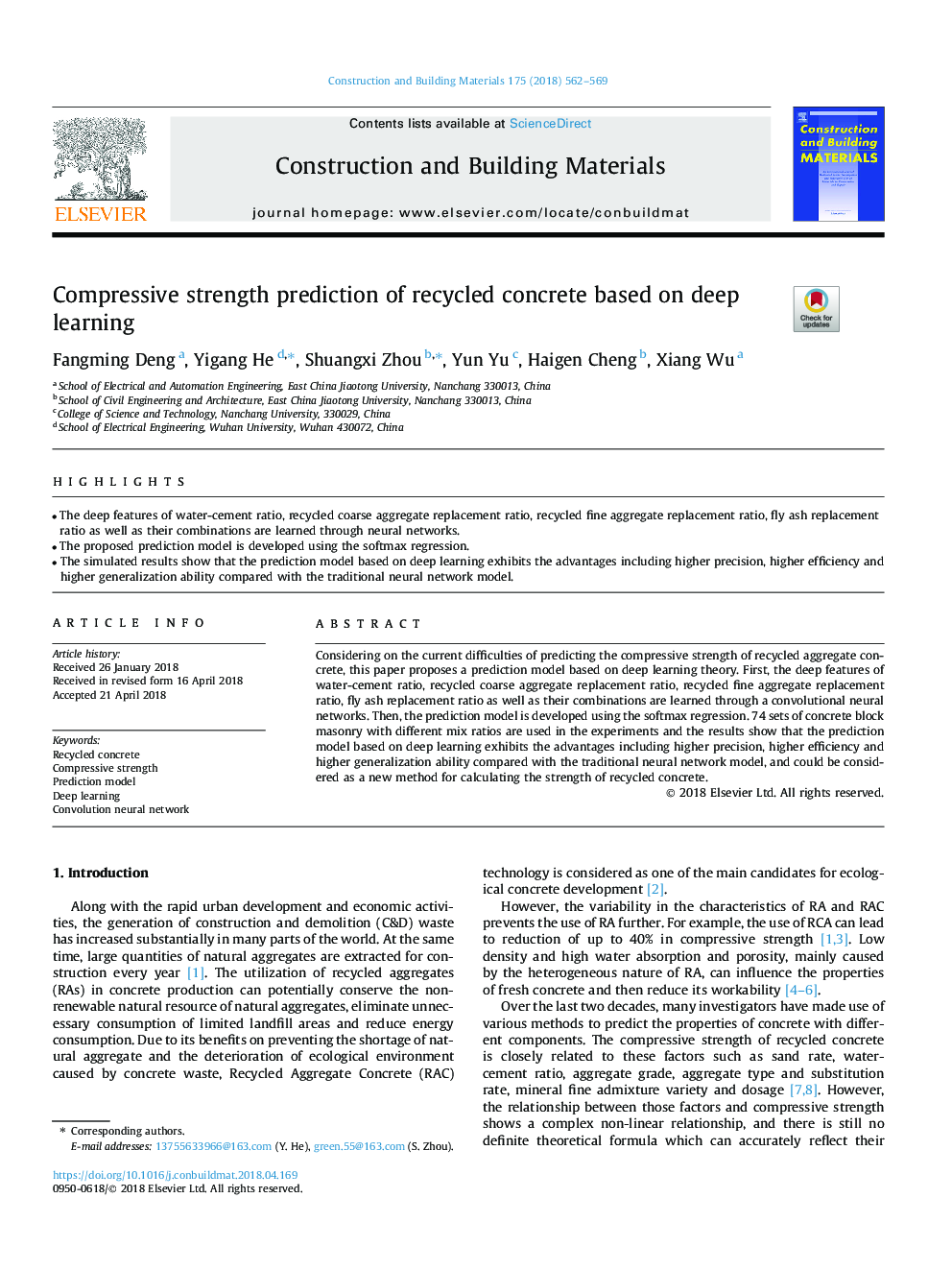 Compressive strength prediction of recycled concrete based on deep learning