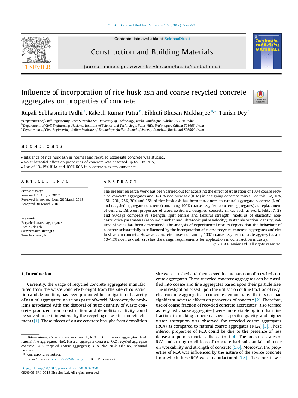 Influence of incorporation of rice husk ash and coarse recycled concrete aggregates on properties of concrete