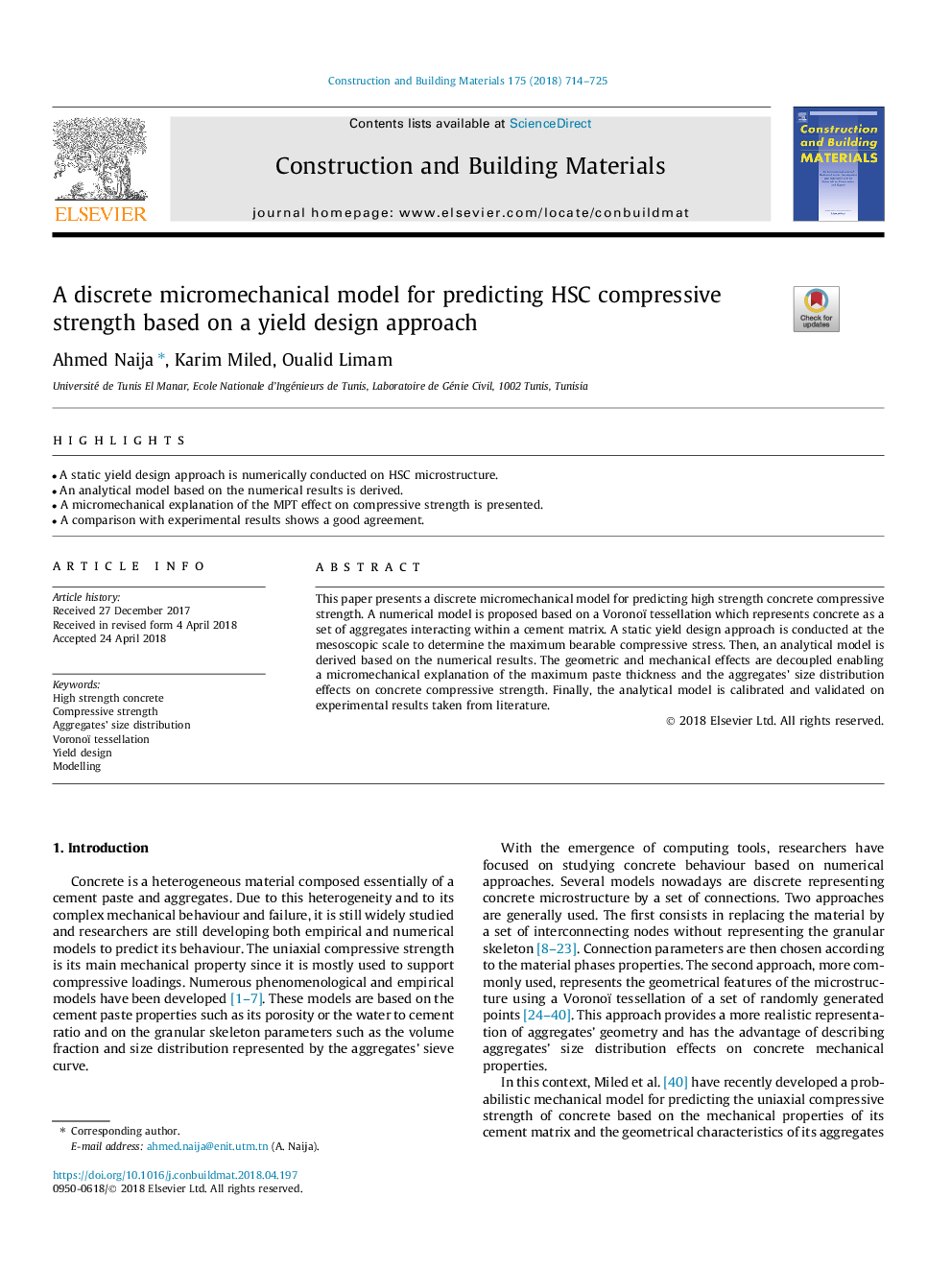 A discrete micromechanical model for predicting HSC compressive strength based on a yield design approach