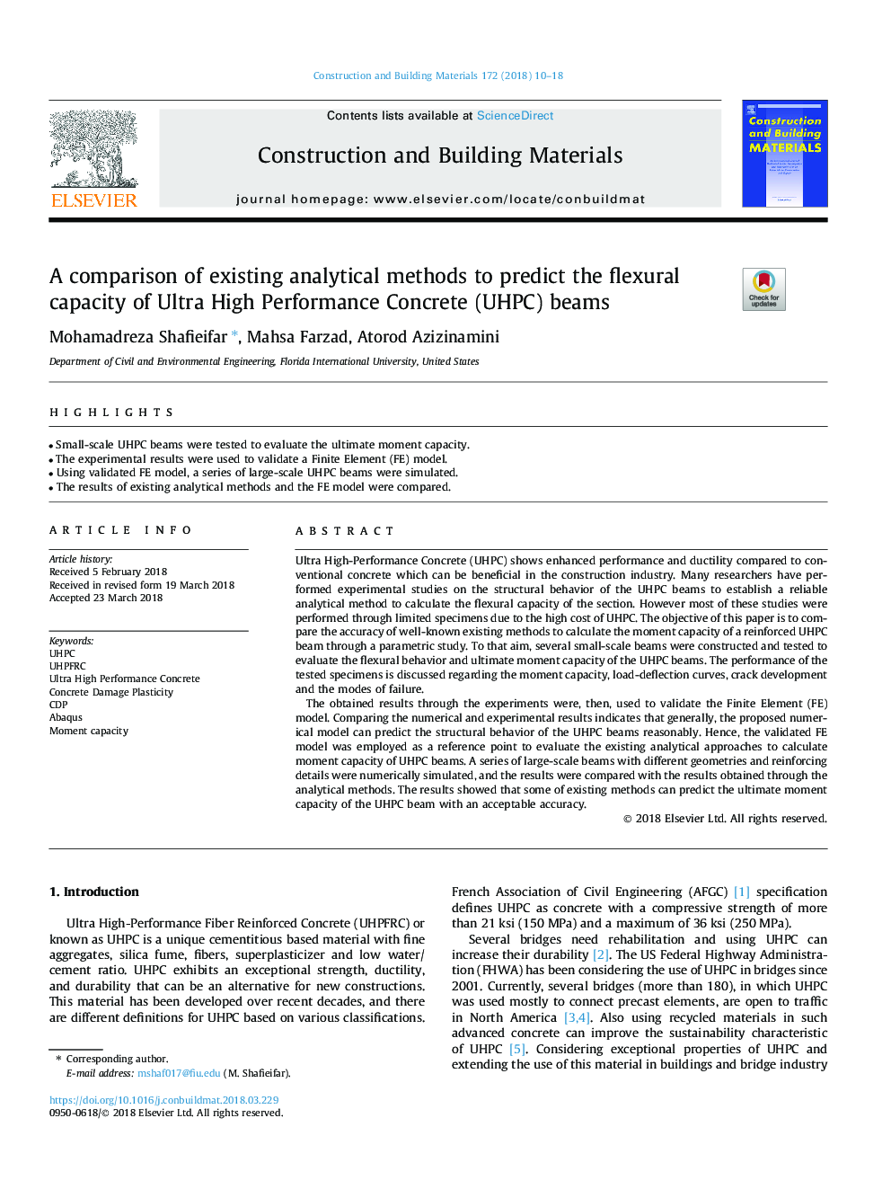 A comparison of existing analytical methods to predict the flexural capacity of Ultra High Performance Concrete (UHPC) beams