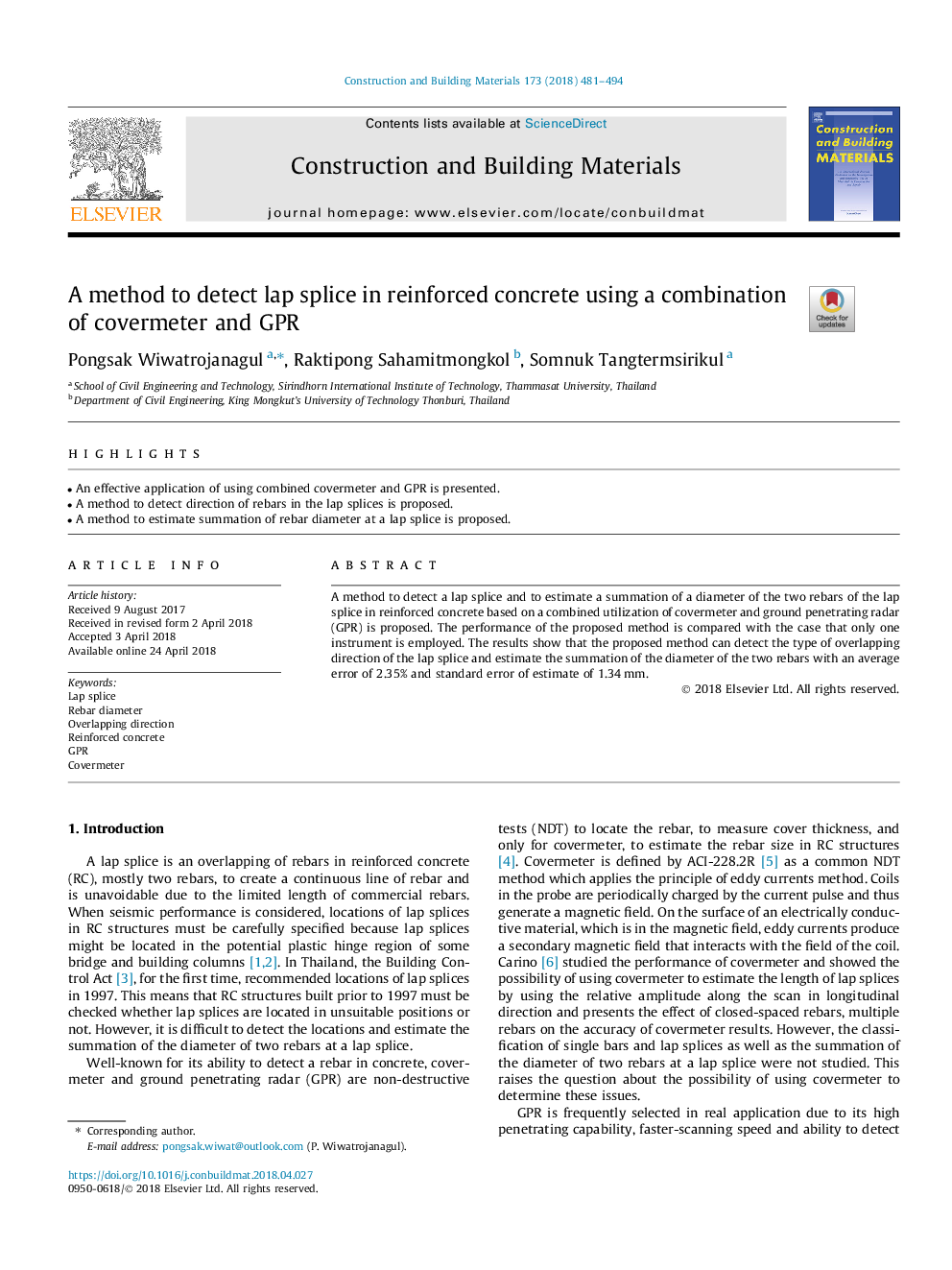 A method to detect lap splice in reinforced concrete using a combination of covermeter and GPR