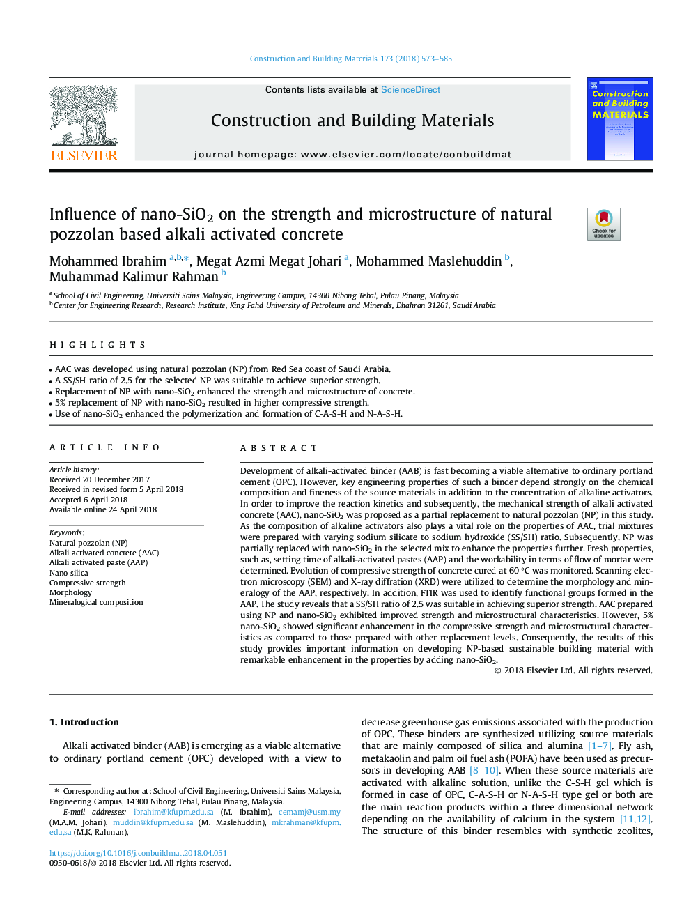 Influence of nano-SiO2 on the strength and microstructure of natural pozzolan based alkali activated concrete