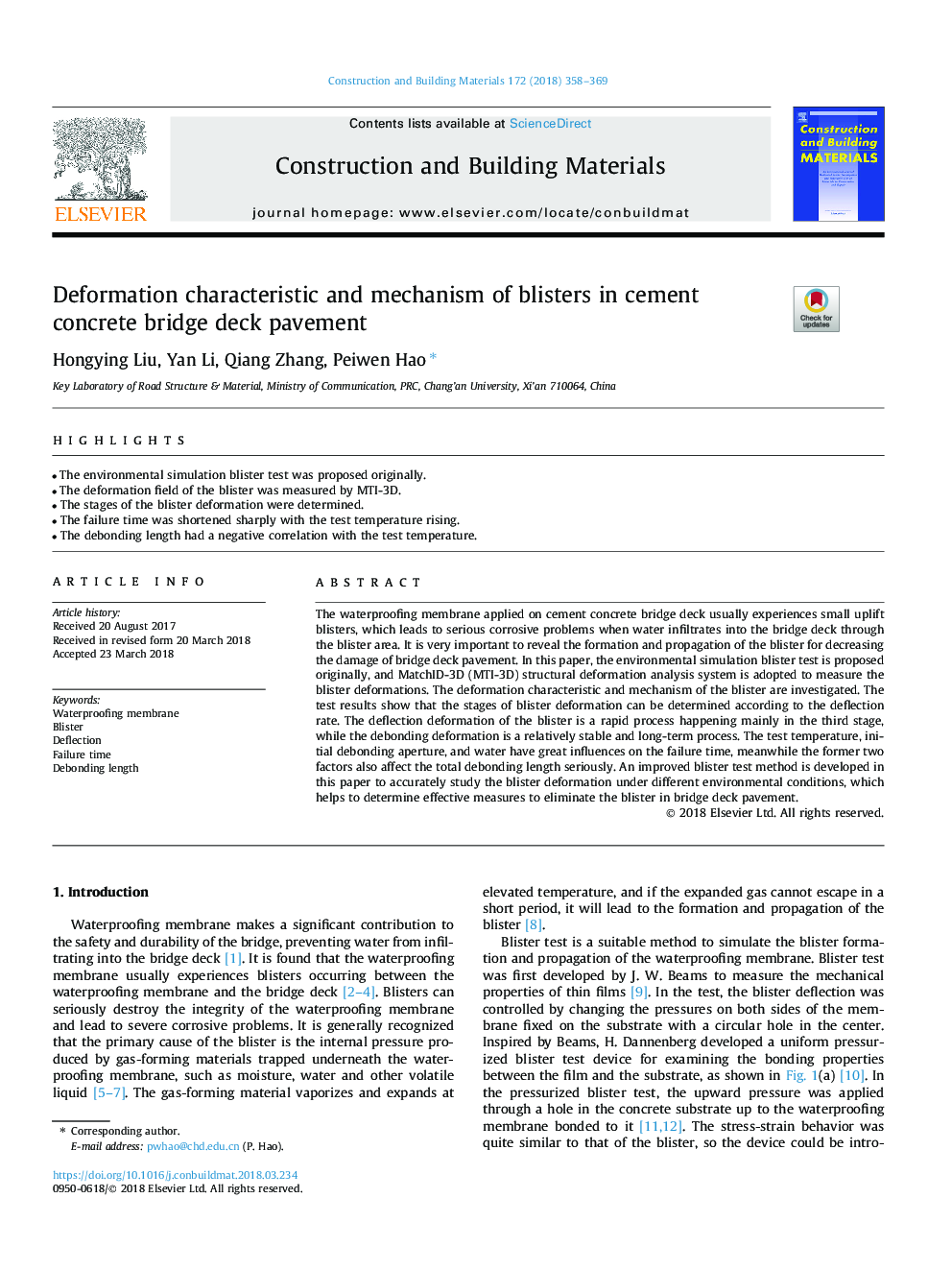 Deformation characteristic and mechanism of blisters in cement concrete bridge deck pavement