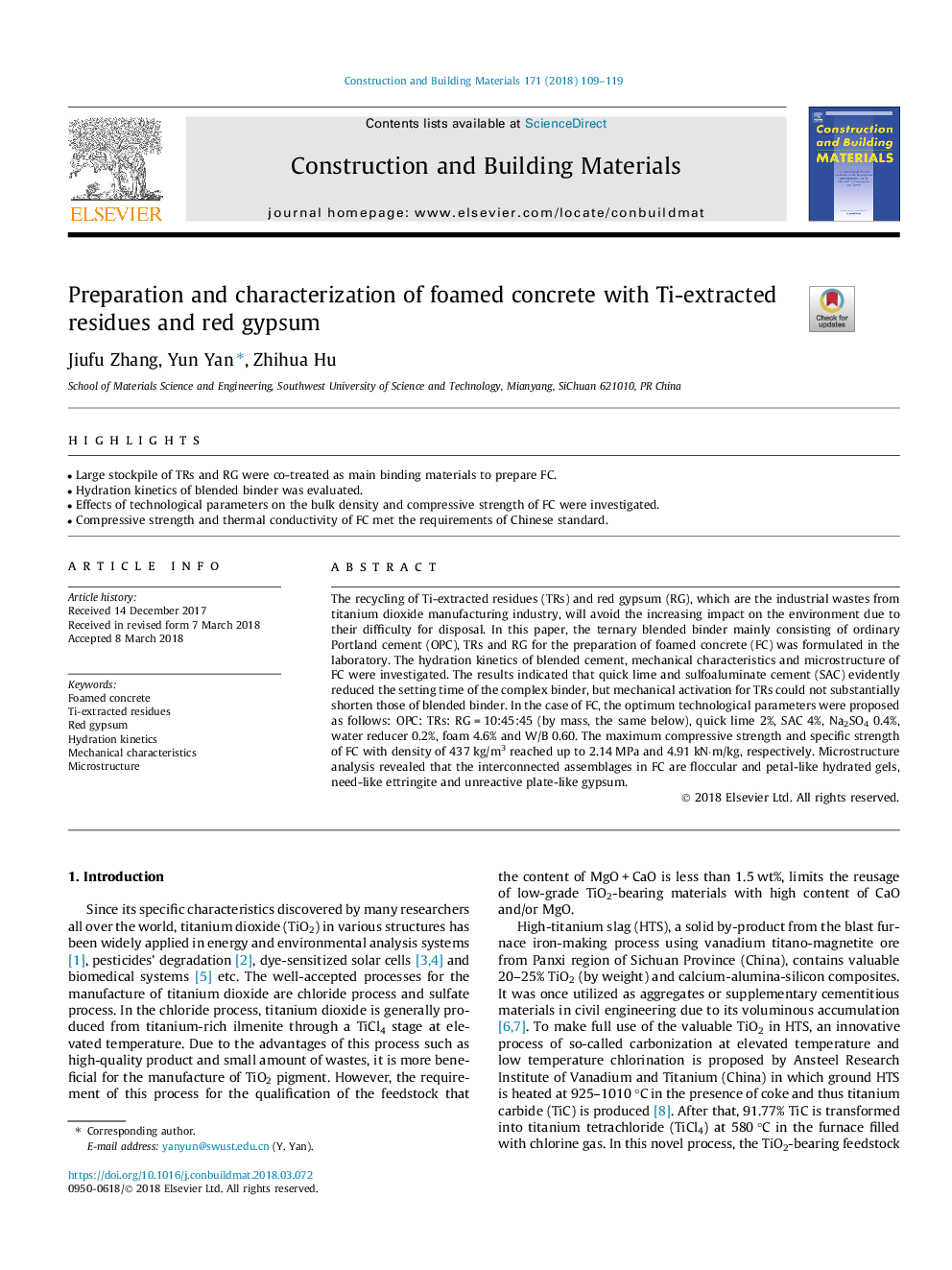 Preparation and characterization of foamed concrete with Ti-extracted residues and red gypsum