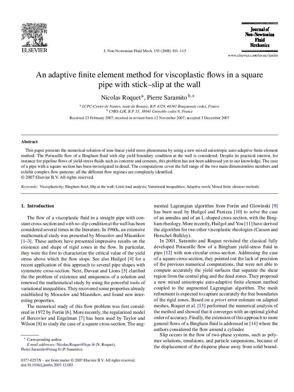 An adaptive finite element method for viscoplastic flows in a square pipe with stick–slip at the wall