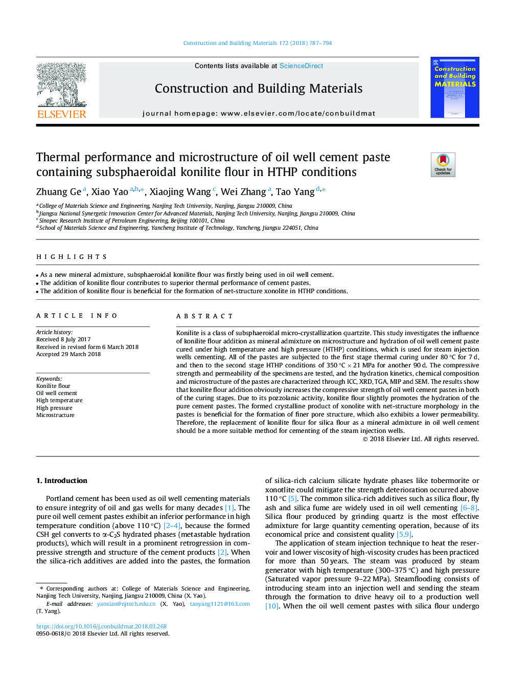 Thermal performance and microstructure of oil well cement paste containing subsphaeroidal konilite flour in HTHP conditions