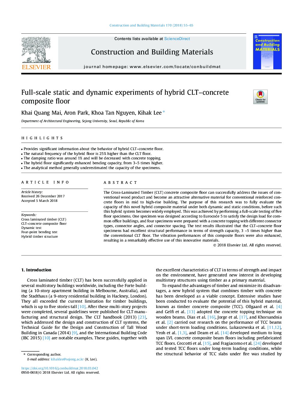 Full-scale static and dynamic experiments of hybrid CLT-concrete composite floor