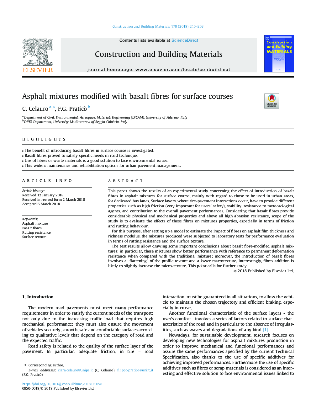 Asphalt mixtures modified with basalt fibres for surface courses