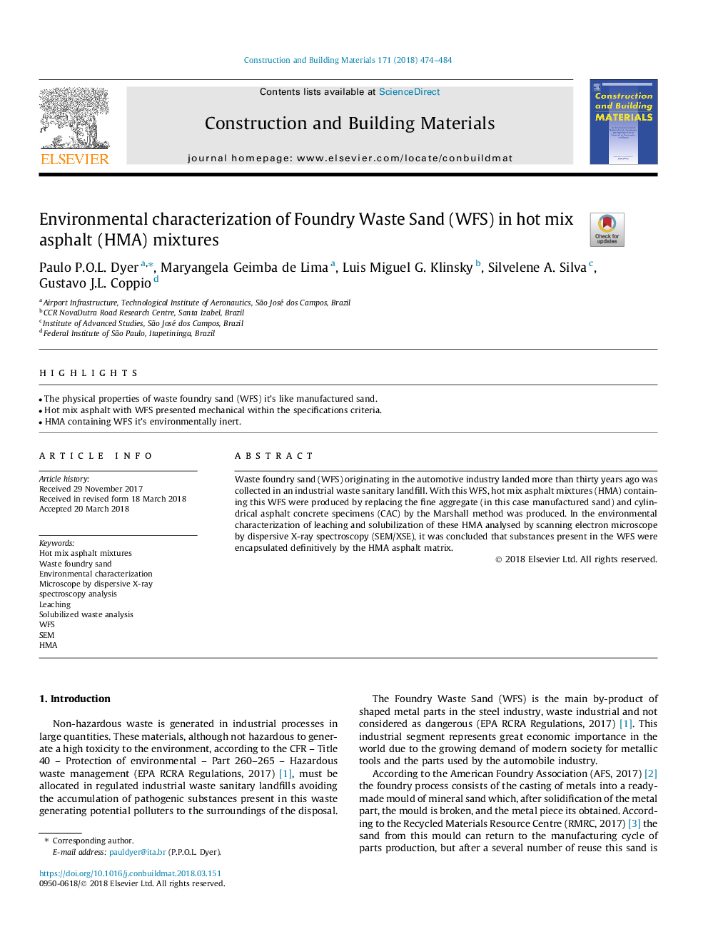 Environmental characterization of Foundry Waste Sand (WFS) in hot mix asphalt (HMA) mixtures