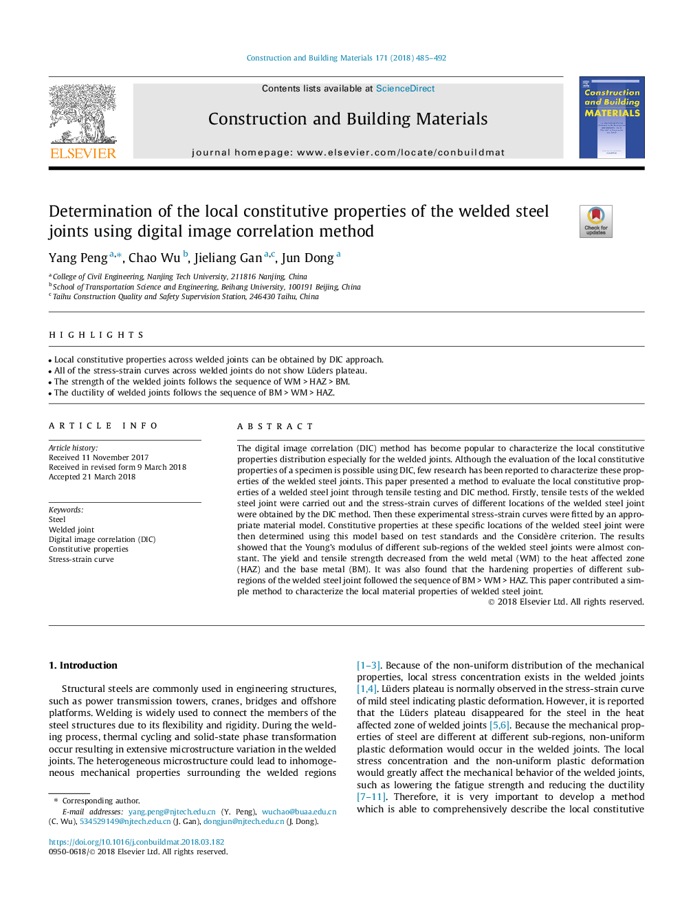 Determination of the local constitutive properties of the welded steel joints using digital image correlation method