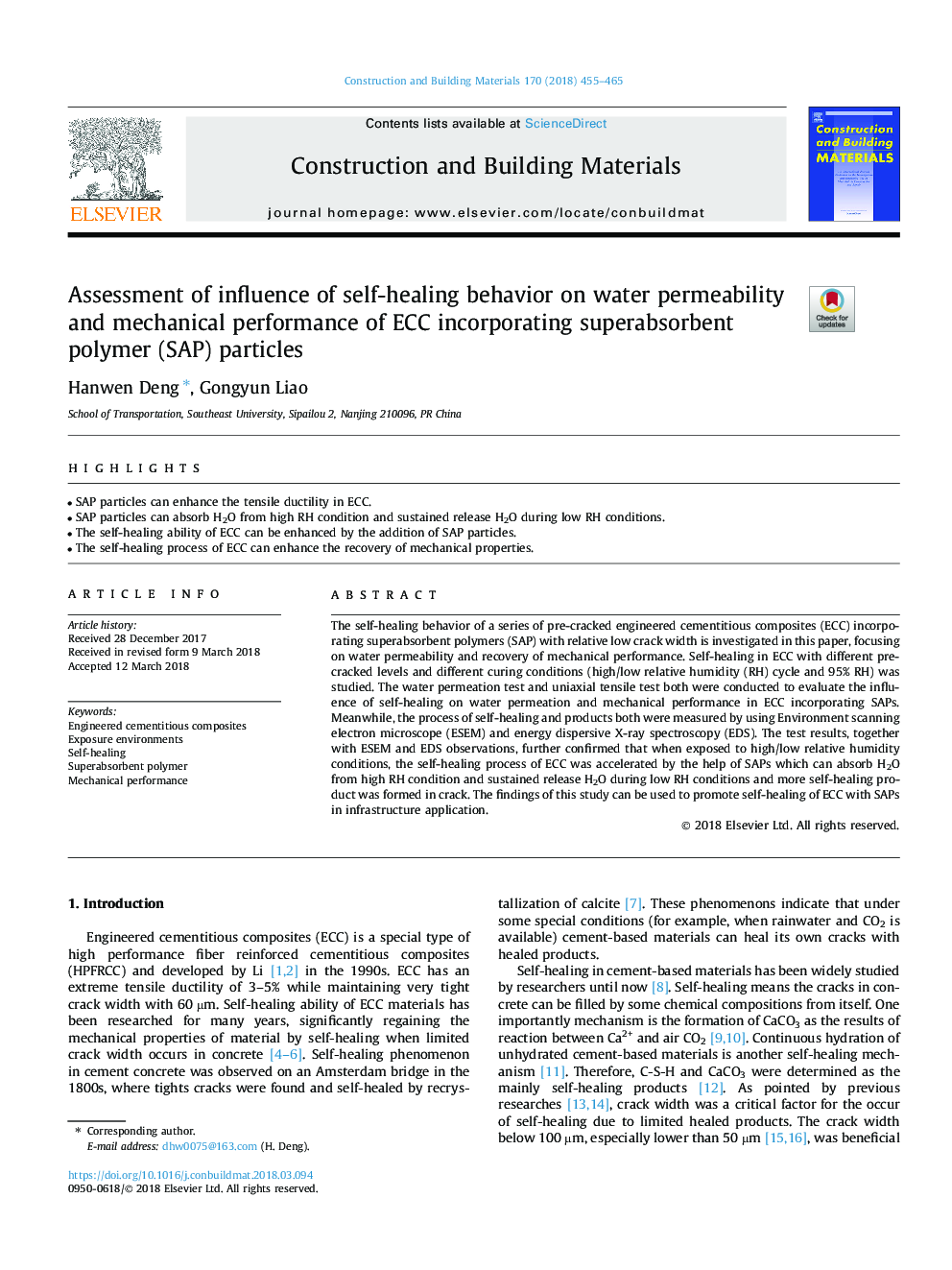 Assessment of influence of self-healing behavior on water permeability and mechanical performance of ECC incorporating superabsorbent polymer (SAP) particles