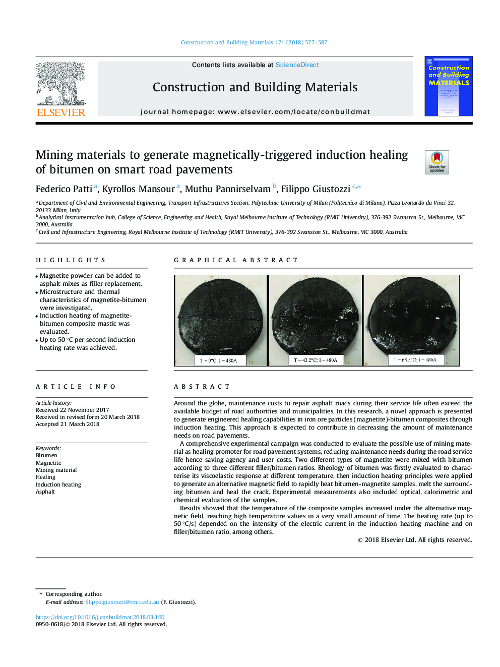 Mining materials to generate magnetically-triggered induction healing of bitumen on smart road pavements