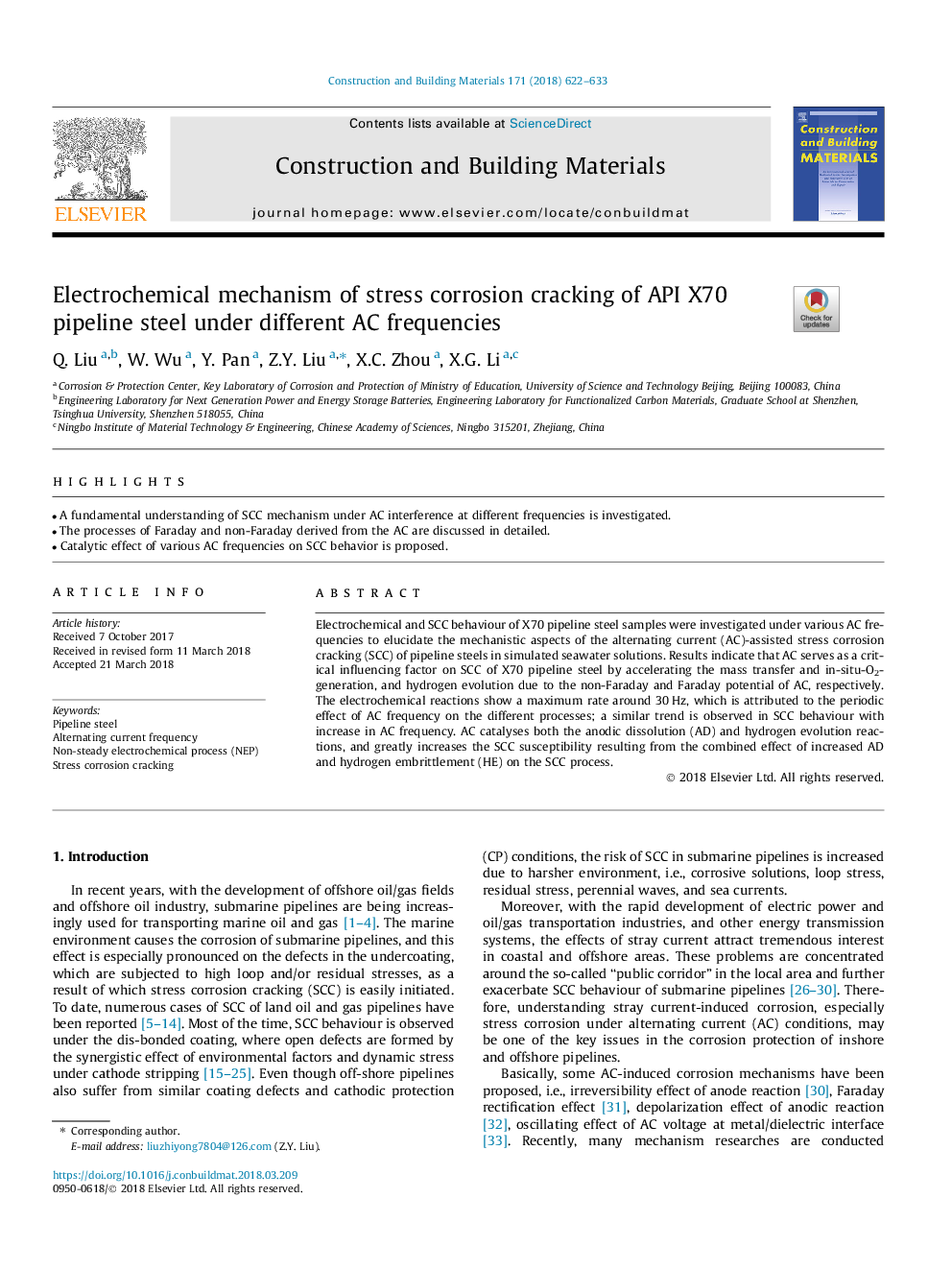 Electrochemical mechanism of stress corrosion cracking of API X70 pipeline steel under different AC frequencies