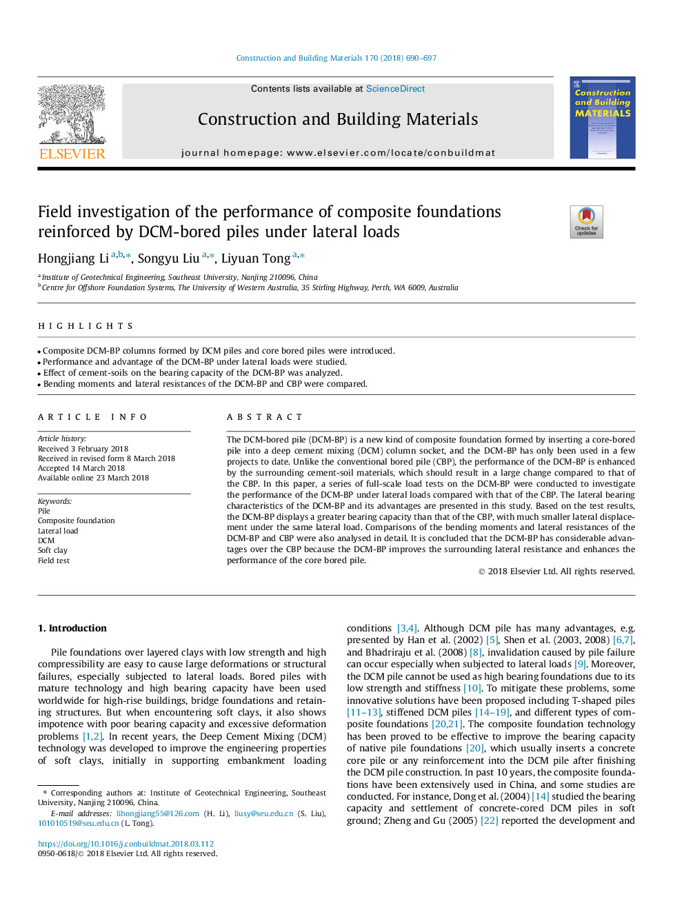 Field investigation of the performance of composite foundations reinforced by DCM-bored piles under lateral loads