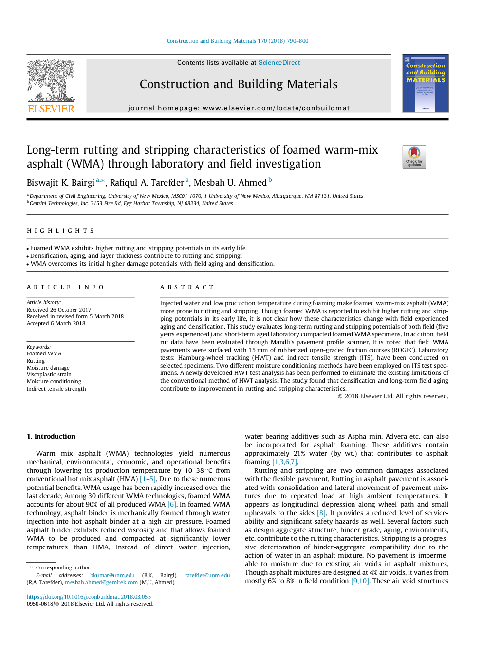 عکس صفحه اول مقاله: Long-term rutting and stripping characteristics of foamed warm-mix asphalt (WMA) through laboratory and field investigation Long-term rutting and stripping characteristics of foamed warm-mix asphalt (WMA) through laboratory and field investigation