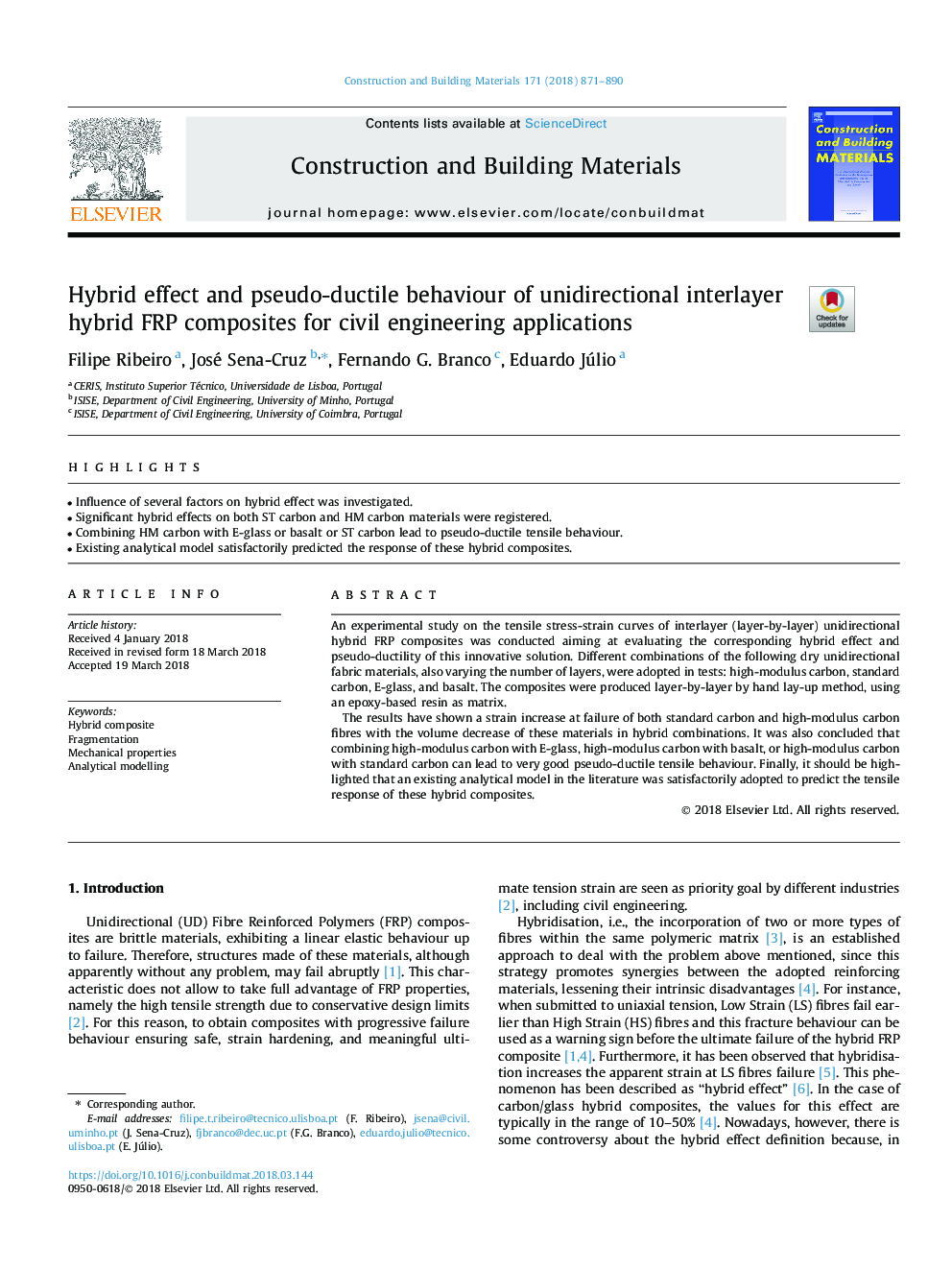 Hybrid effect and pseudo-ductile behaviour of unidirectional interlayer hybrid FRP composites for civil engineering applications