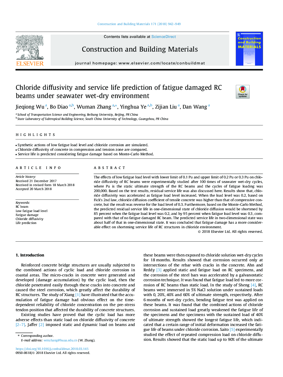 Chloride diffusivity and service life prediction of fatigue damaged RC beams under seawater wet-dry environment