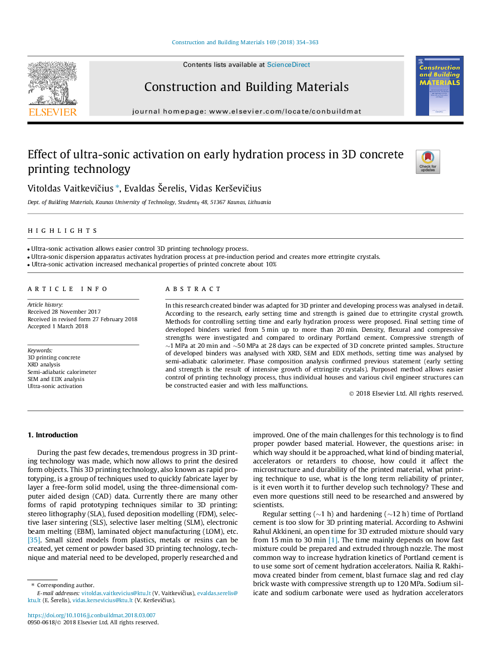 Effect of ultra-sonic activation on early hydration process in 3D concrete printing technology