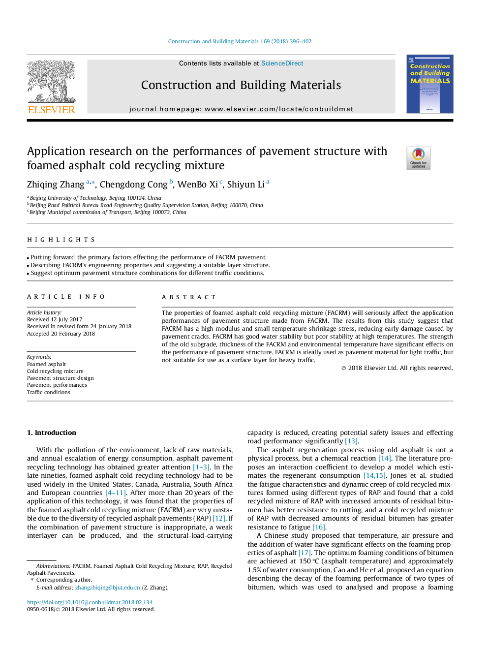 Application research on the performances of pavement structure with foamed asphalt cold recycling mixture