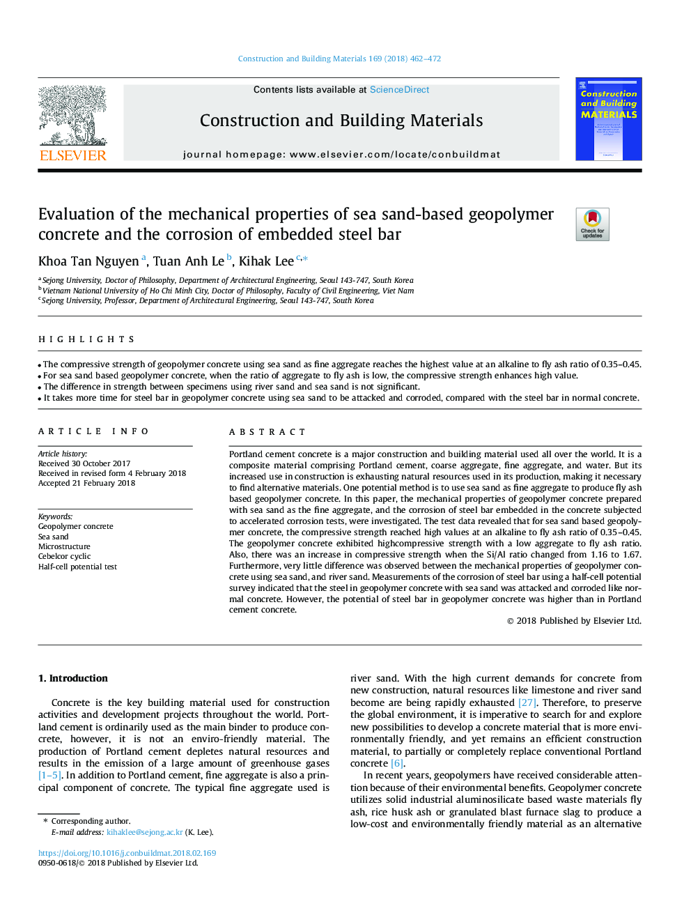 Evaluation of the mechanical properties of sea sand-based geopolymer concrete and the corrosion of embedded steel bar