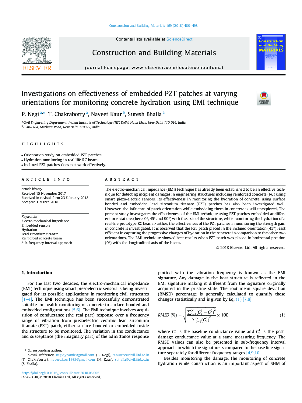 Investigations on effectiveness of embedded PZT patches at varying orientations for monitoring concrete hydration using EMI technique