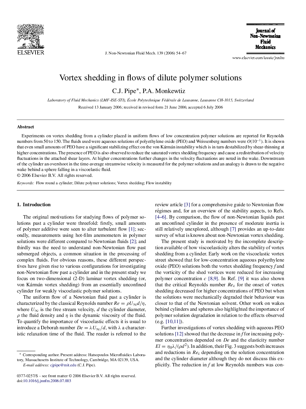 Vortex shedding in flows of dilute polymer solutions