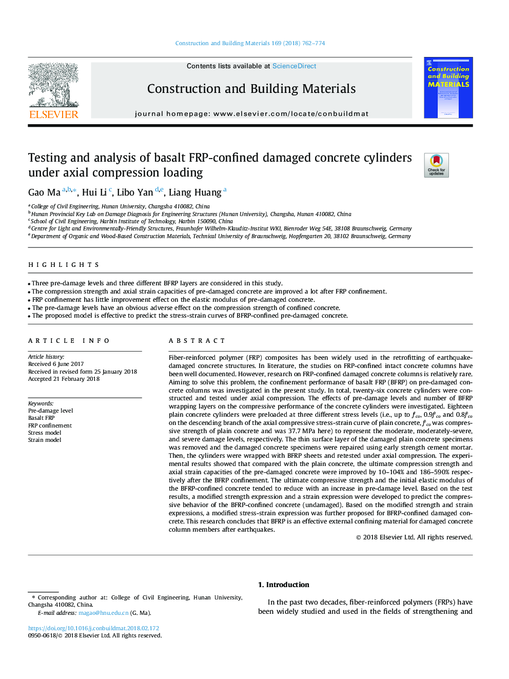 Testing and analysis of basalt FRP-confined damaged concrete cylinders under axial compression loading