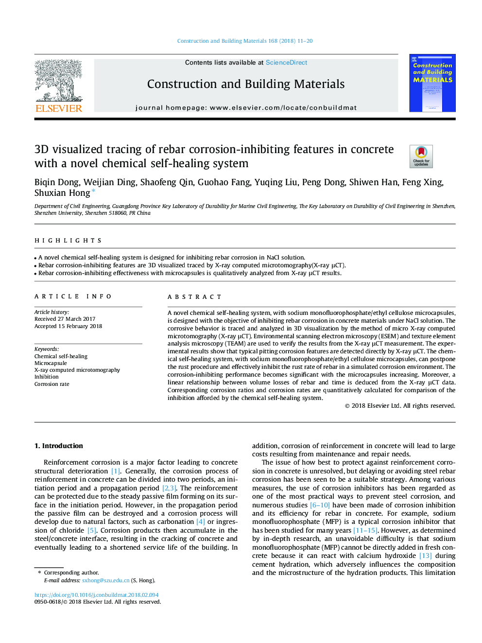 3D visualized tracing of rebar corrosion-inhibiting features in concrete with a novel chemical self-healing system