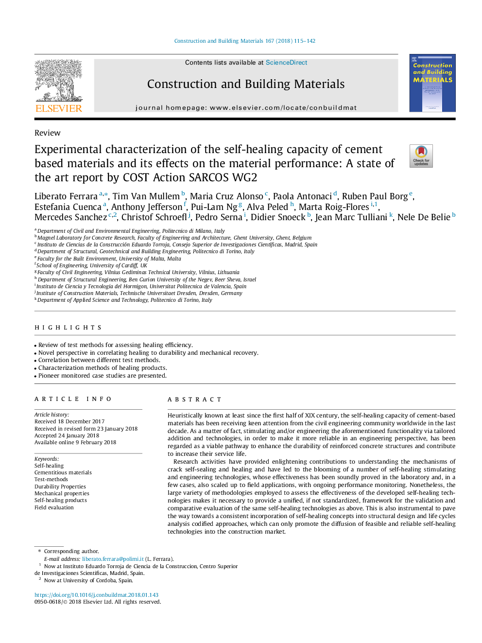 Experimental characterization of the self-healing capacity of cement based materials and its effects on the material performance: A state of the art report by COST Action SARCOS WG2